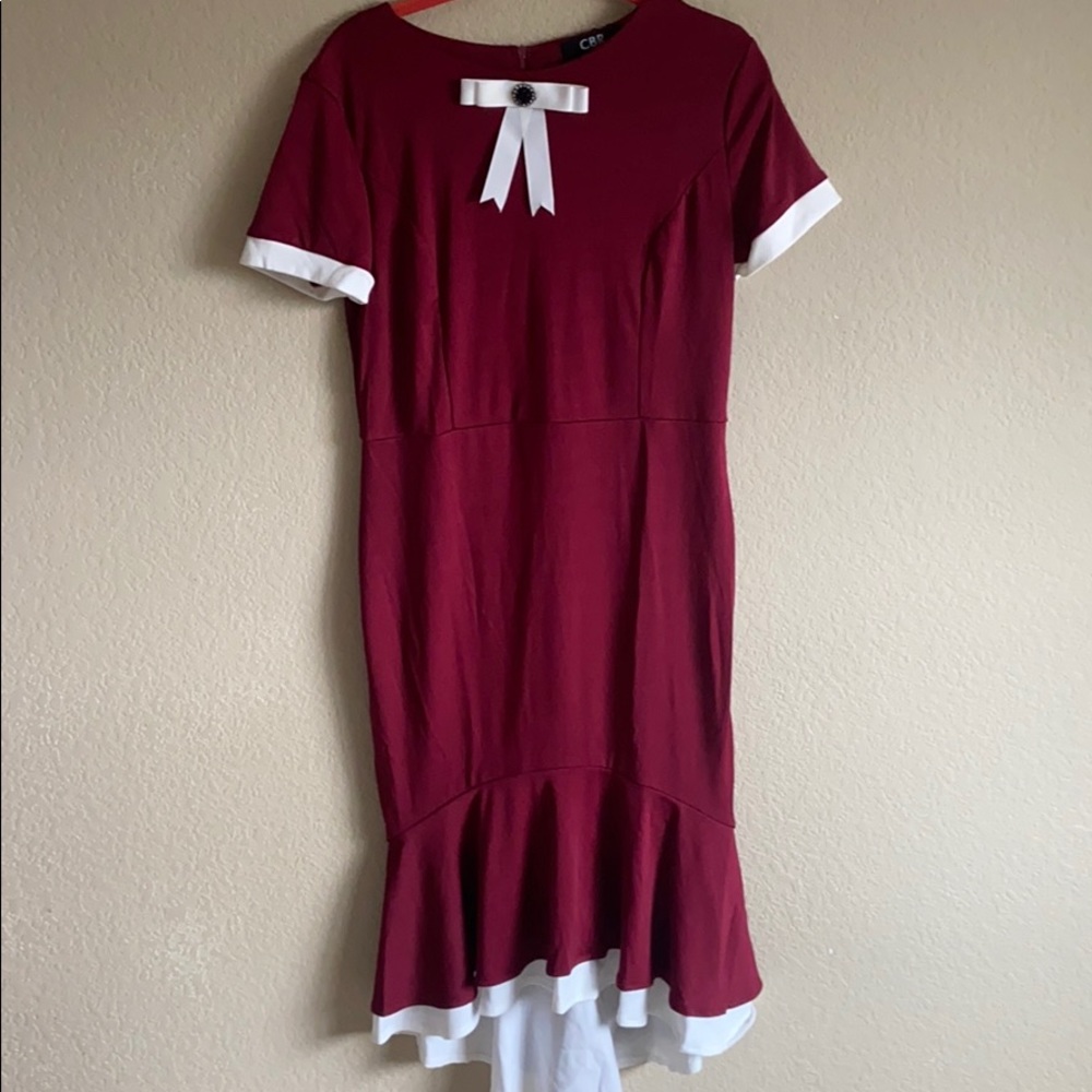 Red Vintage Dress with White Bow and Trim CBR